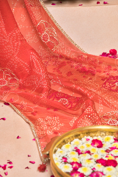 Berry Red Bandhani Mirror Tissue Saree