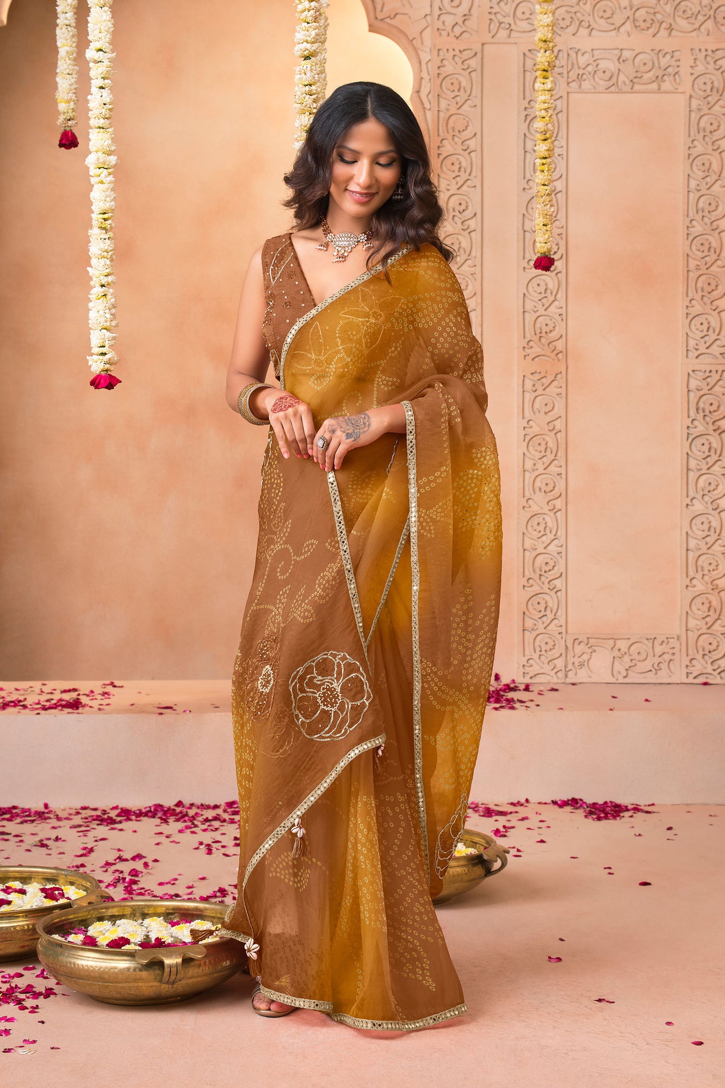 Ochre Yellow Bandhani Mirror Tissue Saree