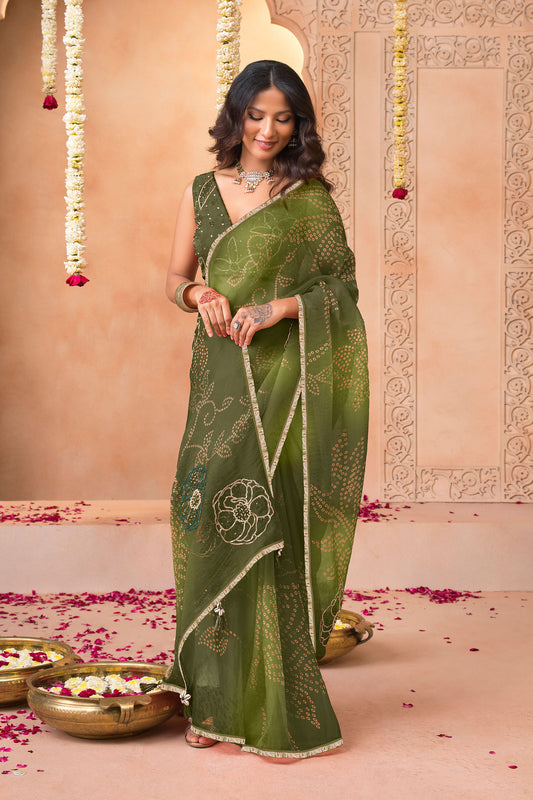 Mehendi Green Bandhani Mirror Tissue Saree
