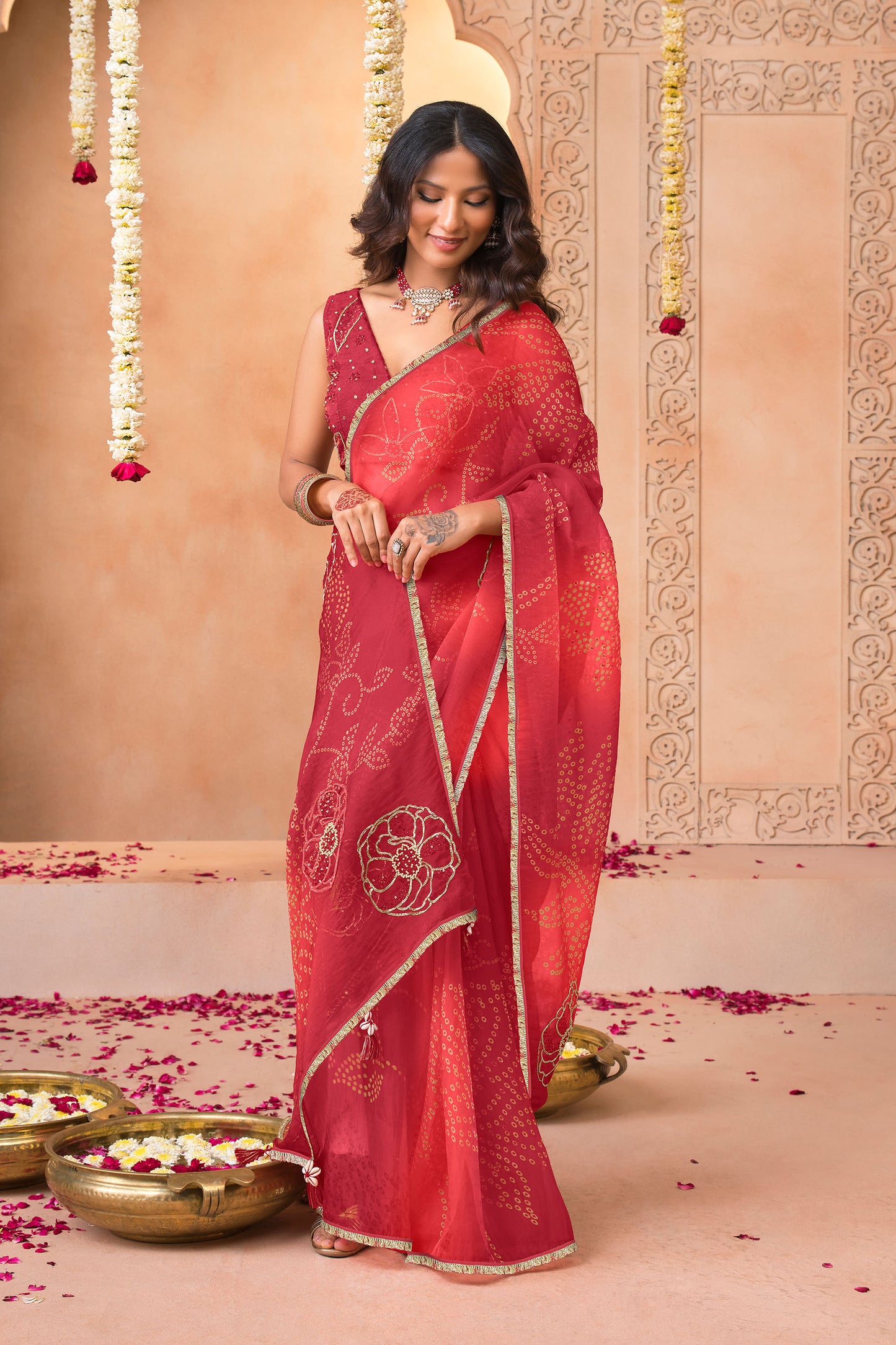 Ruby Red Bandhani Mirror Tissue Saree