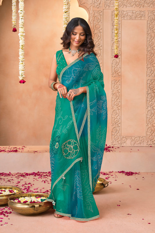 Peacock Blue Bandhani Mirror Tissue Saree