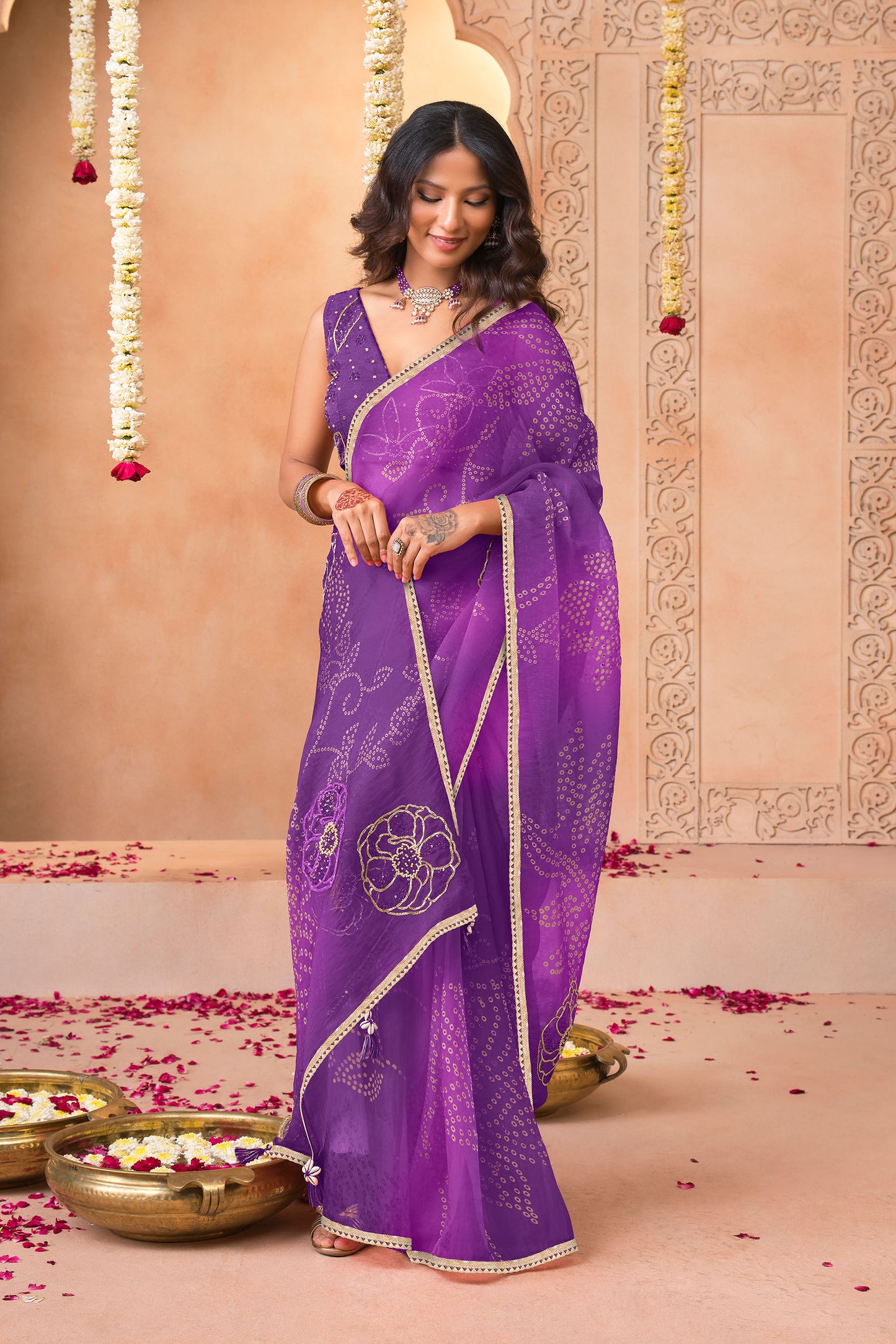 Purple Bandhani Mirror Tissue Saree