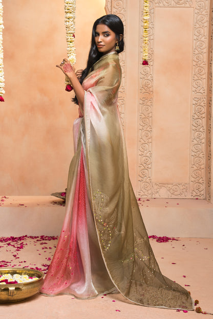 Coral Ombre Bandhani  Matic Tissue Saree