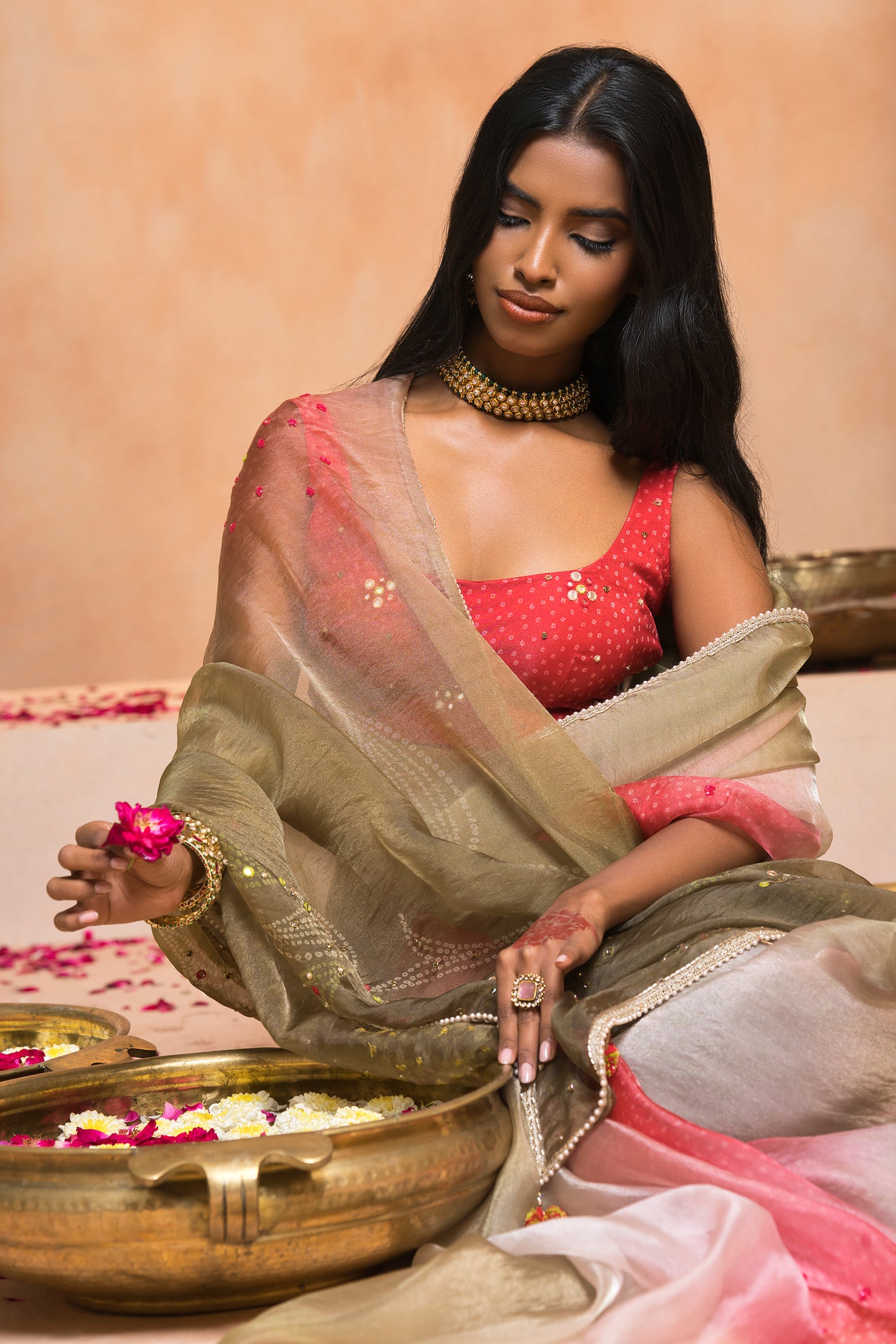 Coral Ombre Bandhani  Matic Tissue Saree