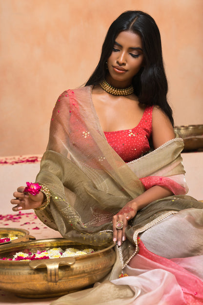 Coral Ombre Bandhani  Matic Tissue Saree