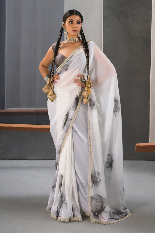 Designer Black & White Saree with Hand Embellishment