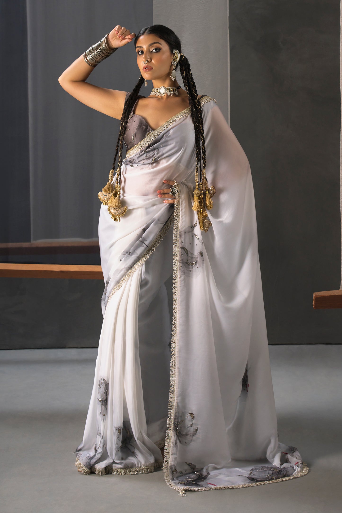Designer Black & White Saree with Hand Embellishment