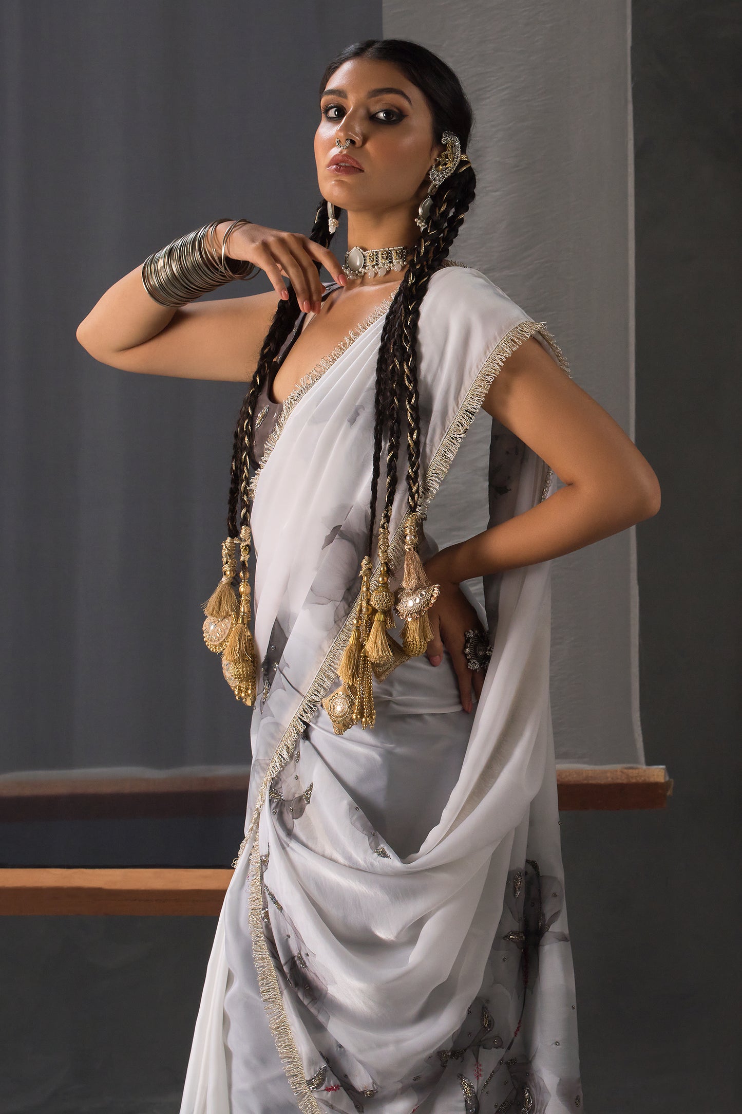 Designer Black & White Saree with Hand Embellishment