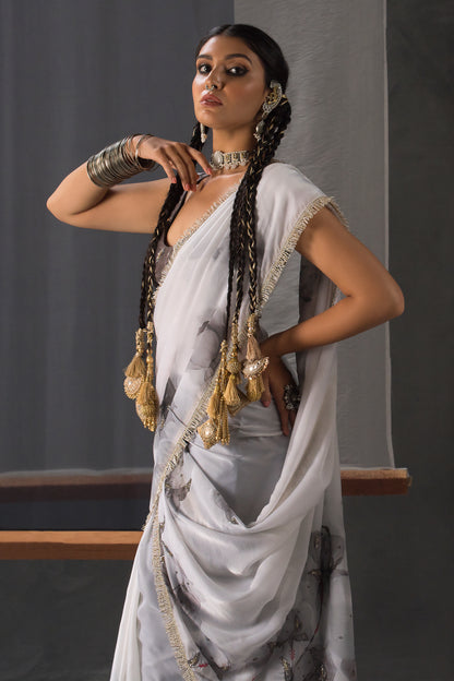 Designer Black & White Saree with Hand Embellishment