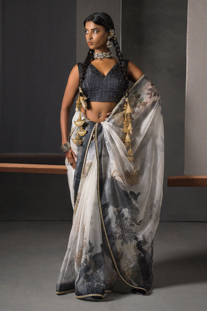 Elegant Black & White Tissue Saree -  Artistic bird motifs Print