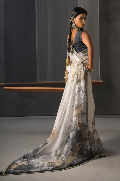 Elegant Black & White Tissue Saree -  Artistic bird motifs Print