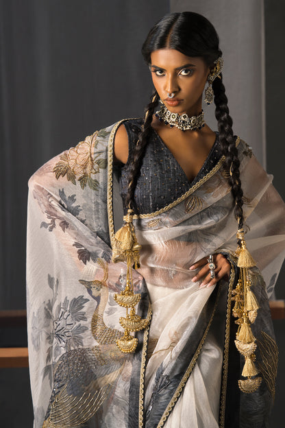 Elegant Black & White Tissue Saree -  Artistic bird motifs Print