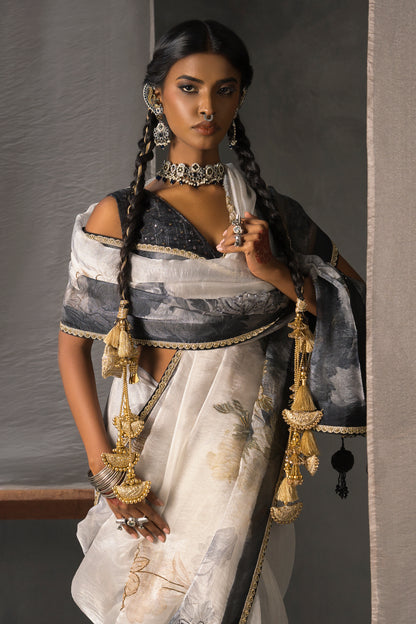 Elegant Black & White Tissue Saree -  Artistic bird motifs Print