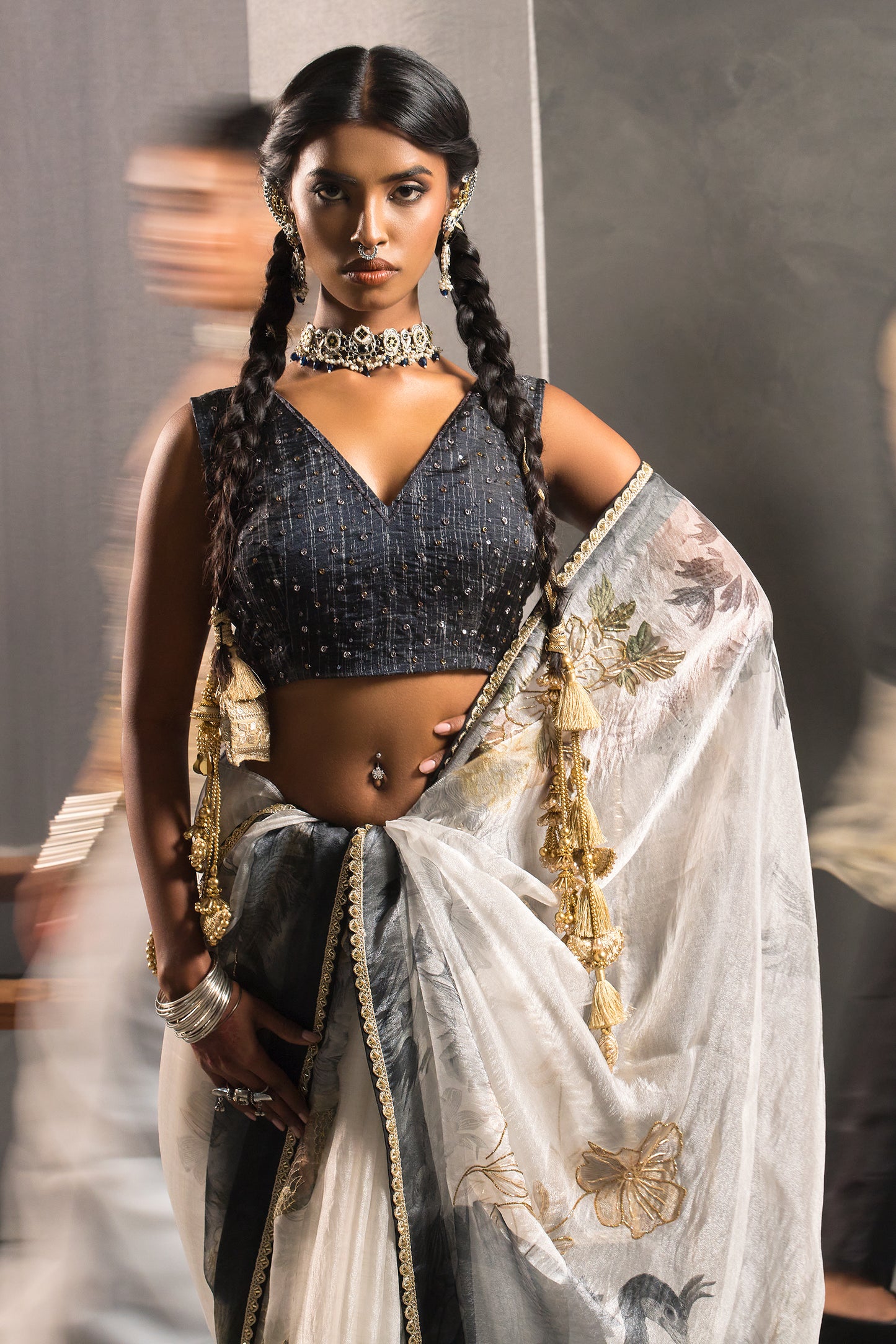 Elegant Black & White Tissue Saree -  Artistic bird motifs Print