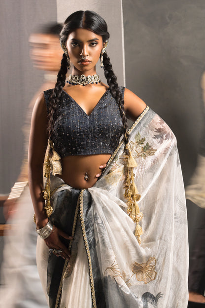 Elegant Black & White Tissue Saree -  Artistic bird motifs Print