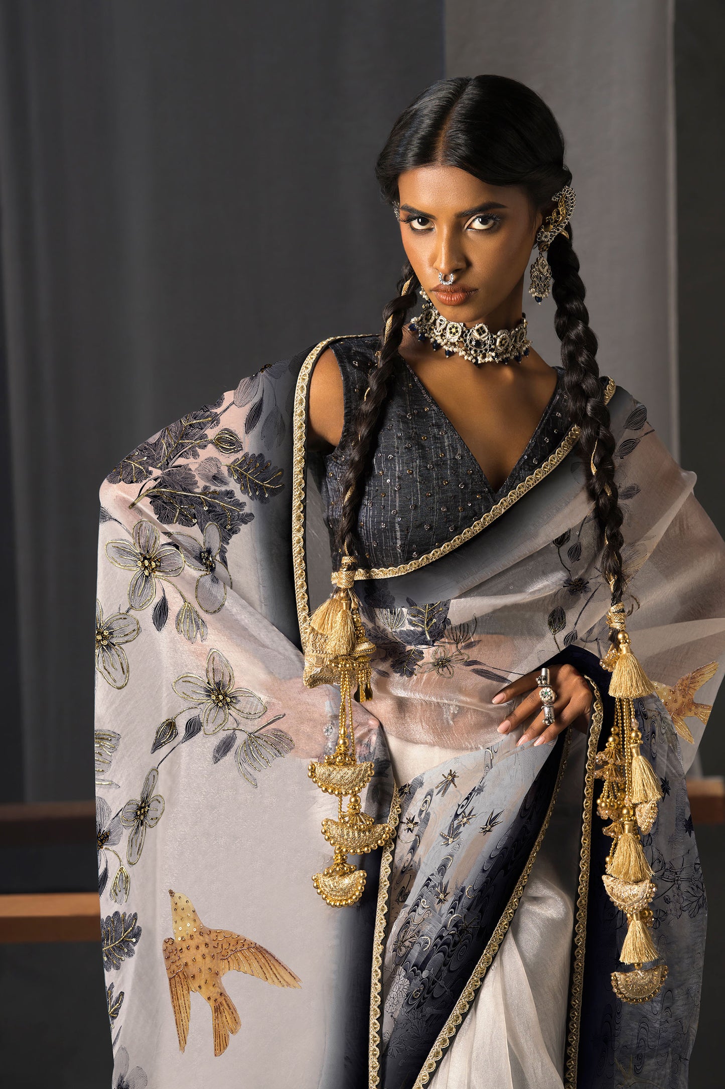 Elegant Black & White Tissue Saree -  Floral & Bird Motif Print