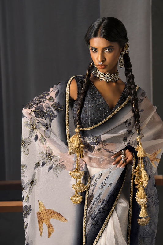 Elegant Black & White Tissue Saree -  Floral & Bird Motif Print