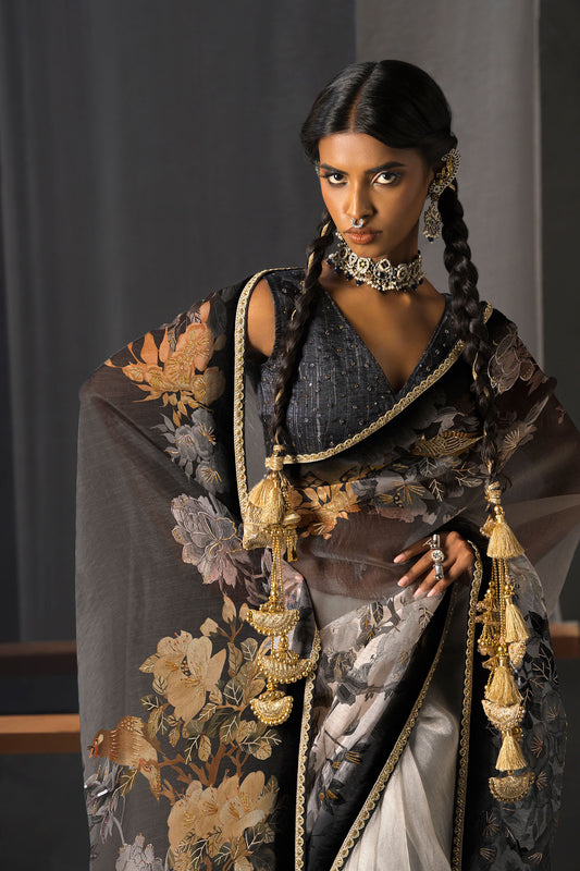 Elegant Black & White Tissue Saree - Botanical Bird Print