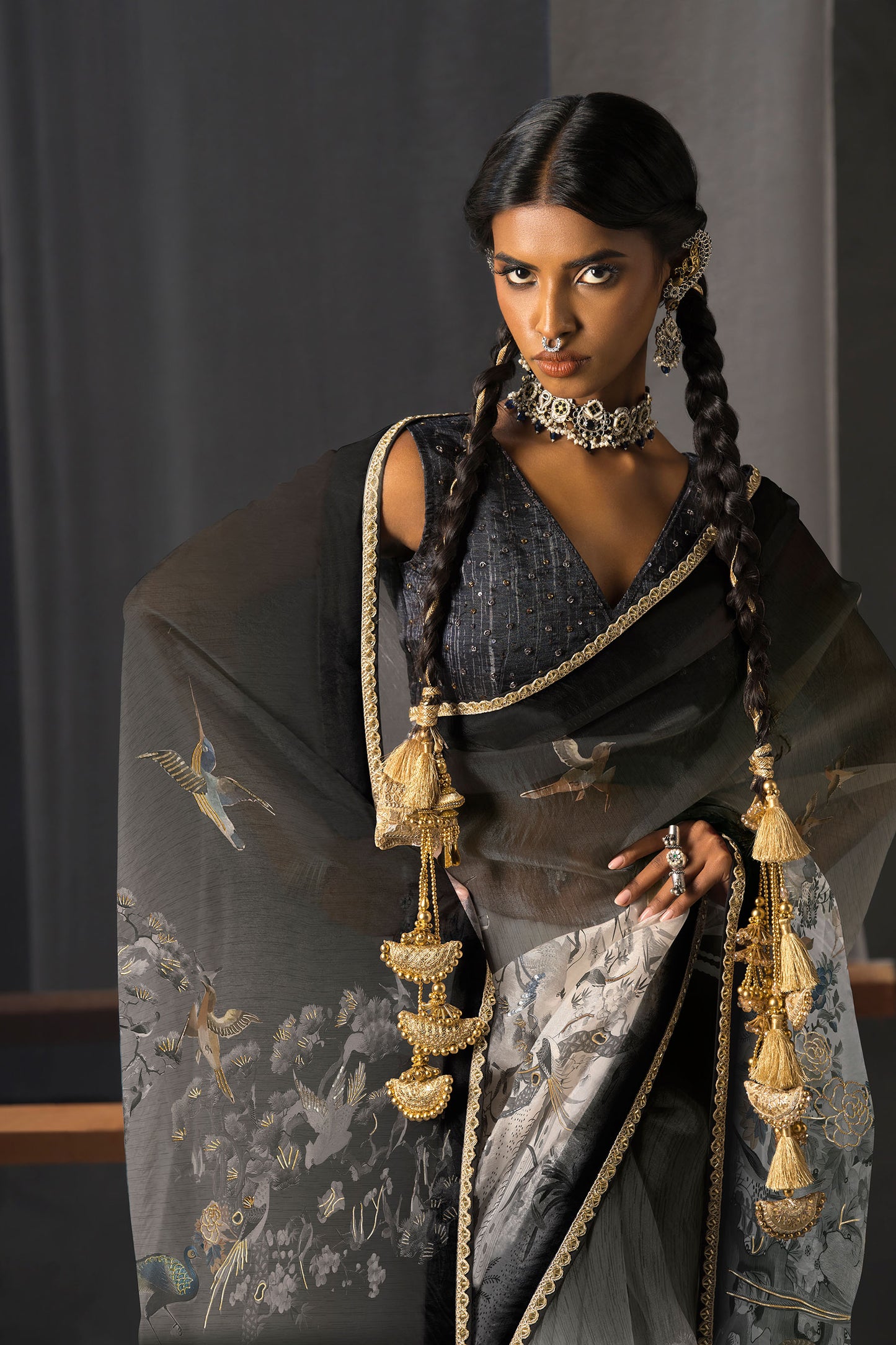 Elegant Black & White Tissue Saree - Bird & Floral Motif Print