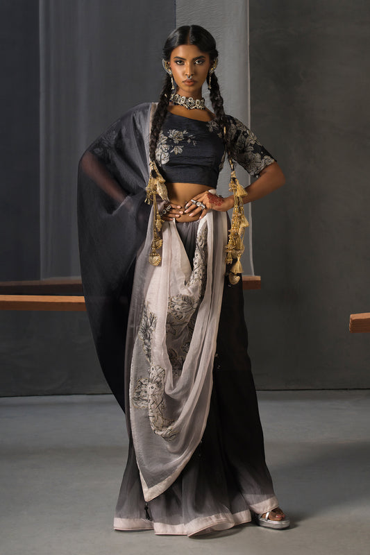 Eclipse Patchwork Tissue Saree - Black