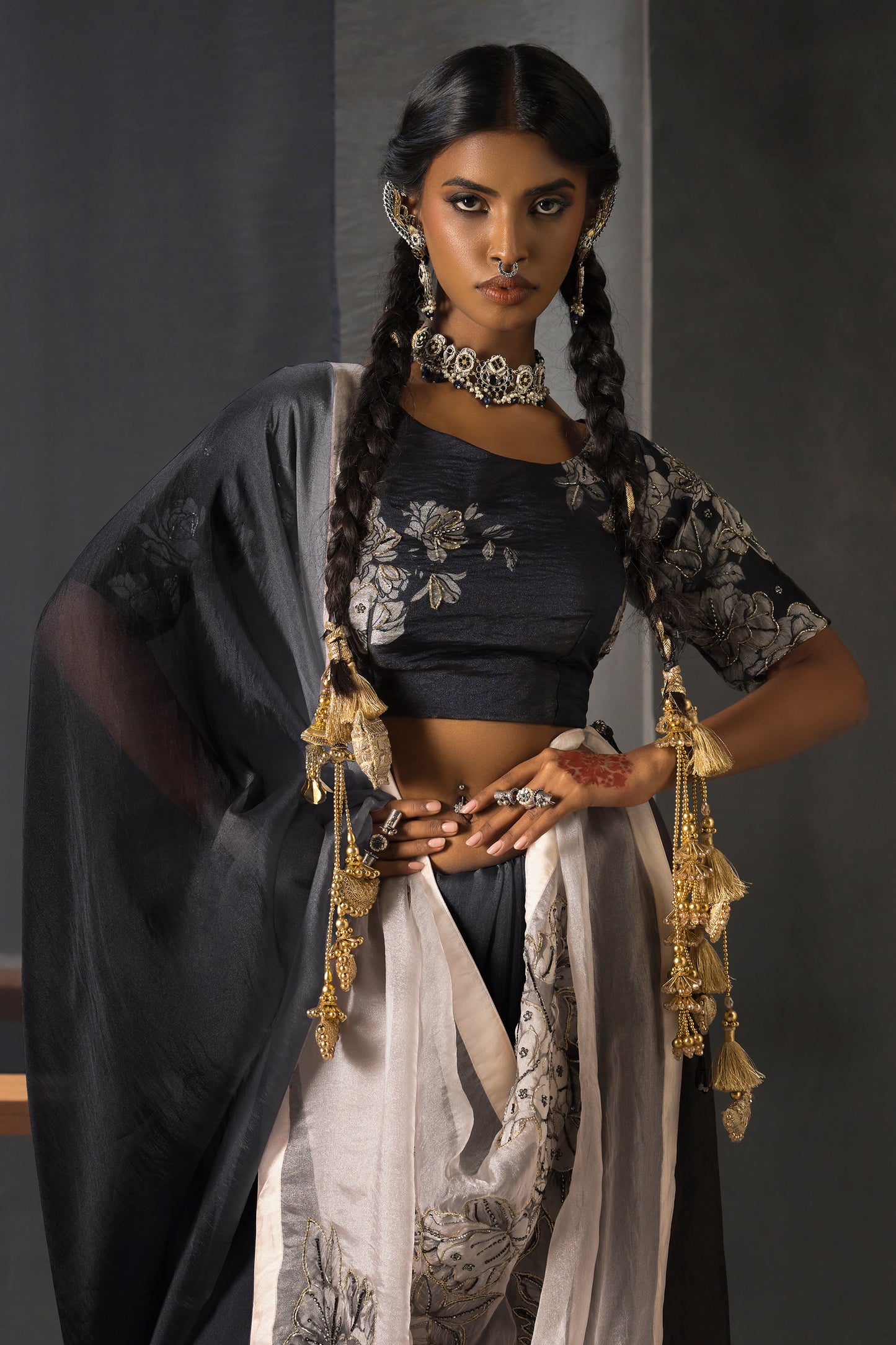 Eclipse Patchwork Tissue Saree - Black