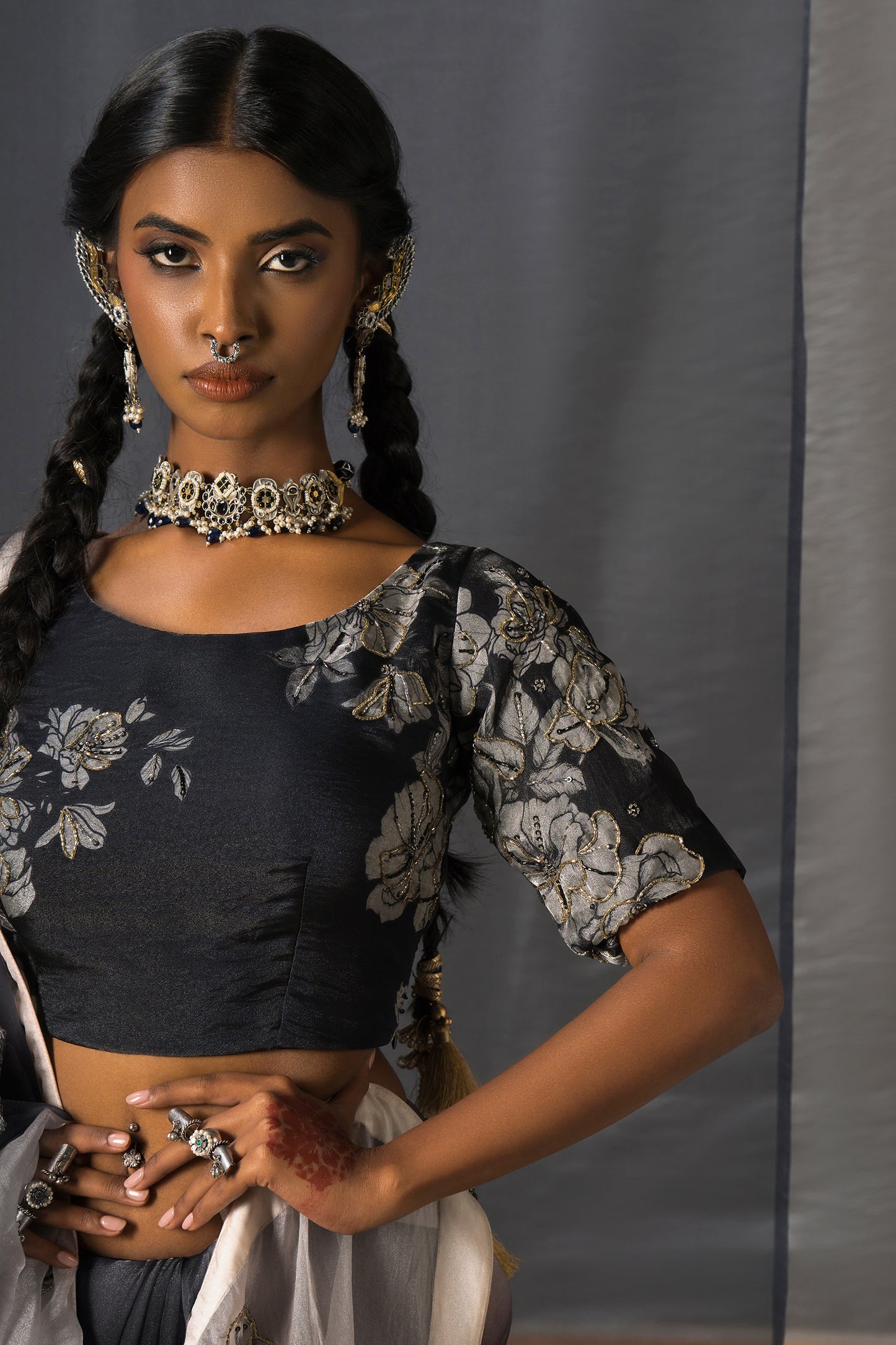 Eclipse Patchwork Tissue Saree - Black