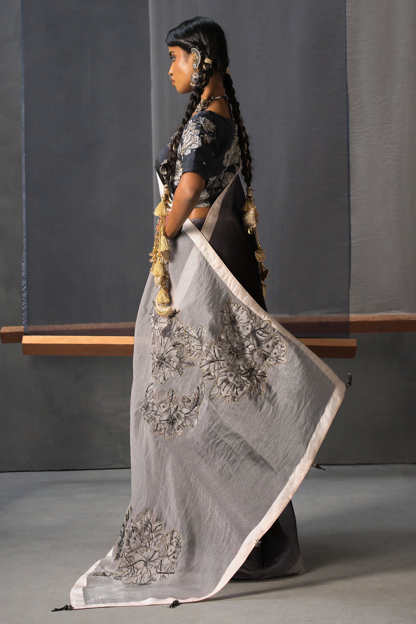 Eclipse Patchwork Tissue Saree - Black