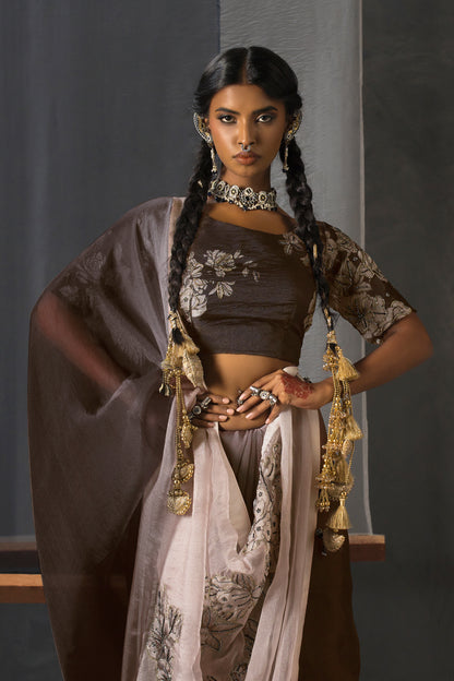 Eclipse Patchwork Tissue Saree - Brown