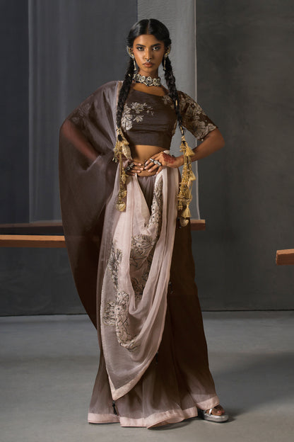 Eclipse Patchwork Tissue Saree - Brown