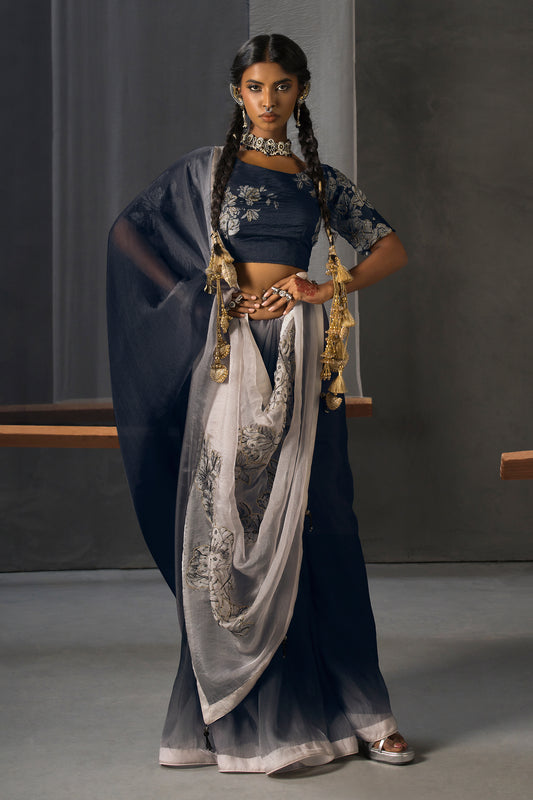 Eclipse Patchwork Tissue Saree - Blue