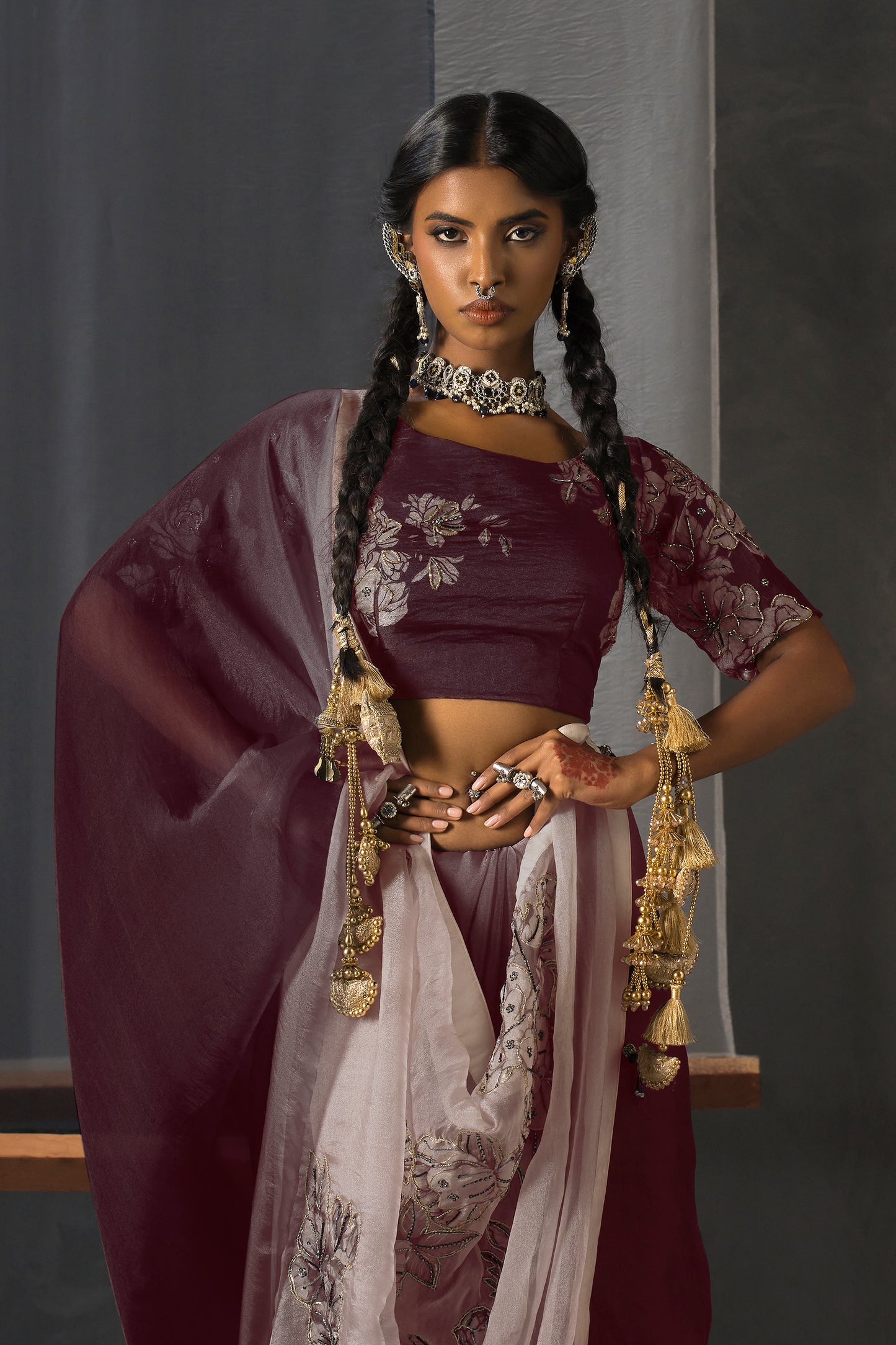 Eclipse Patchwork Tissue Saree - Maroon