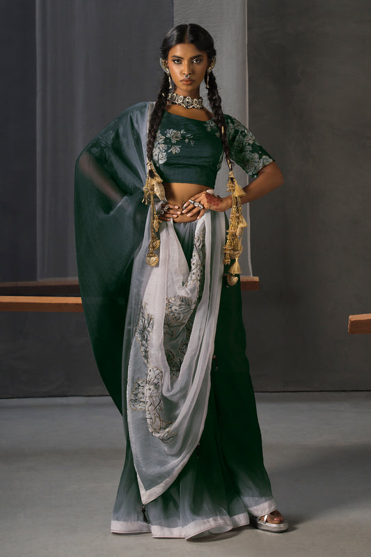 Eclipse Patchwork Tissue Saree - Green