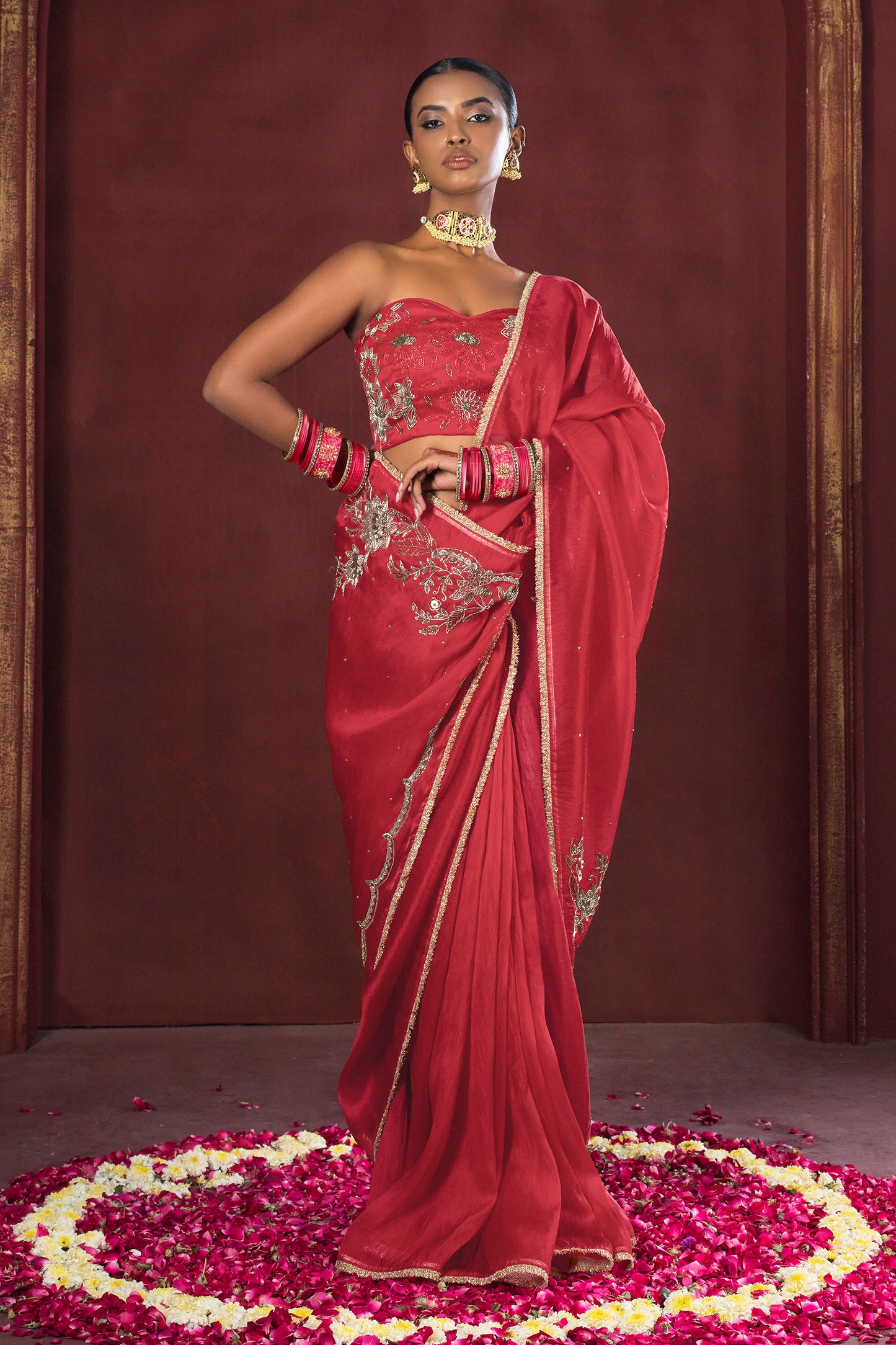 Cherry Bloom Red Satin Silk Organza Saree