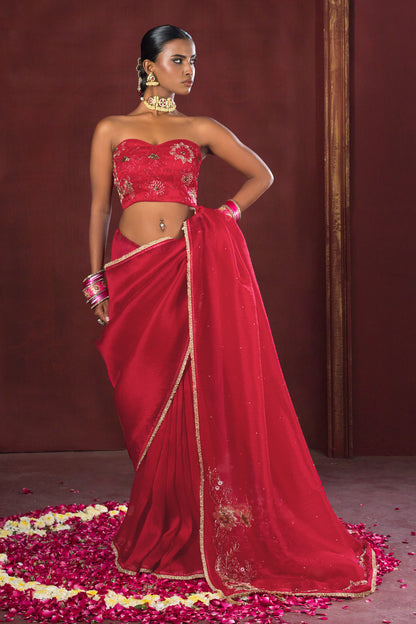 Cherry Bloom Red Satin Silk Organza Saree