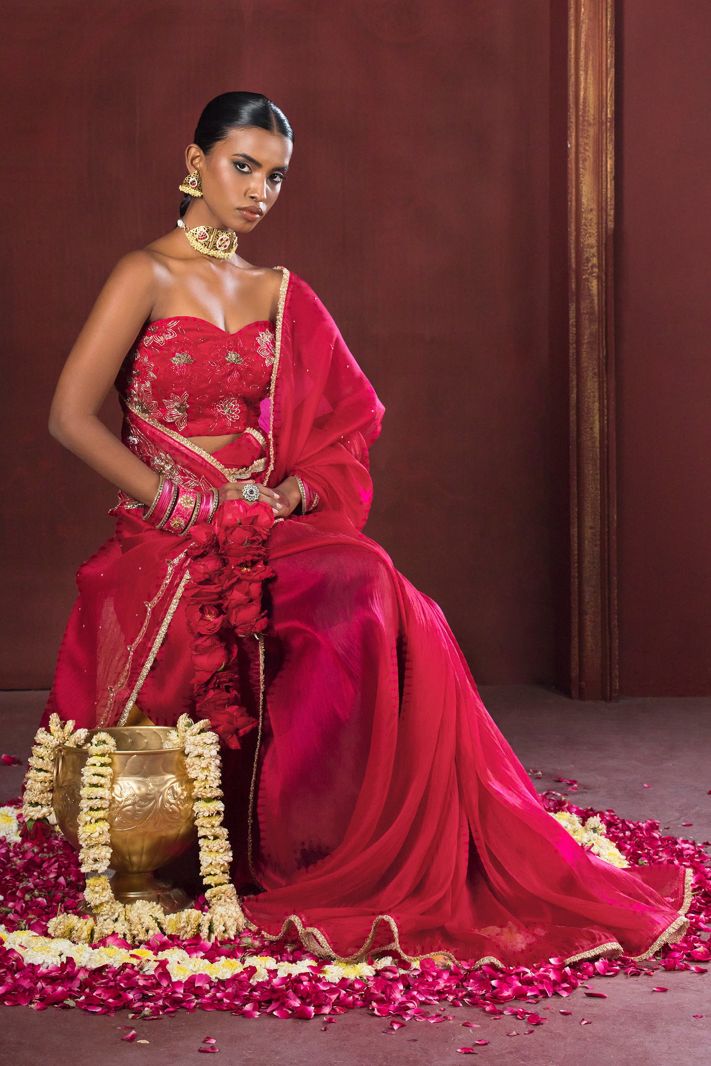 Cherry Bloom Red Satin Silk Organza Saree