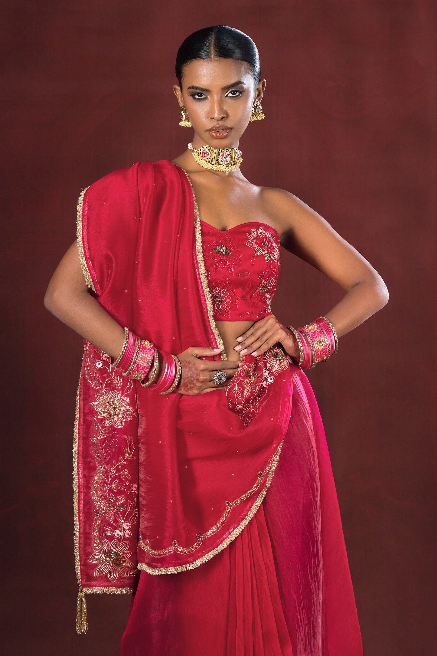 Cherry Bloom Red Satin Silk Organza Saree