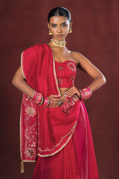 Cherry Bloom Red Satin Silk Organza Saree