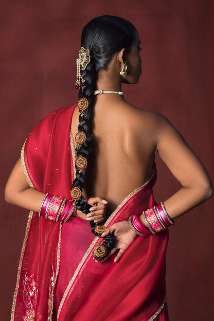 Cherry Bloom Red Satin Silk Organza Saree