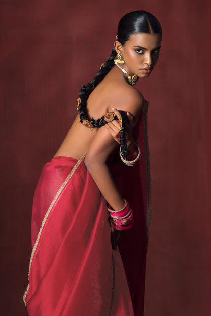 Cherry Bloom Red Satin Silk Organza Saree