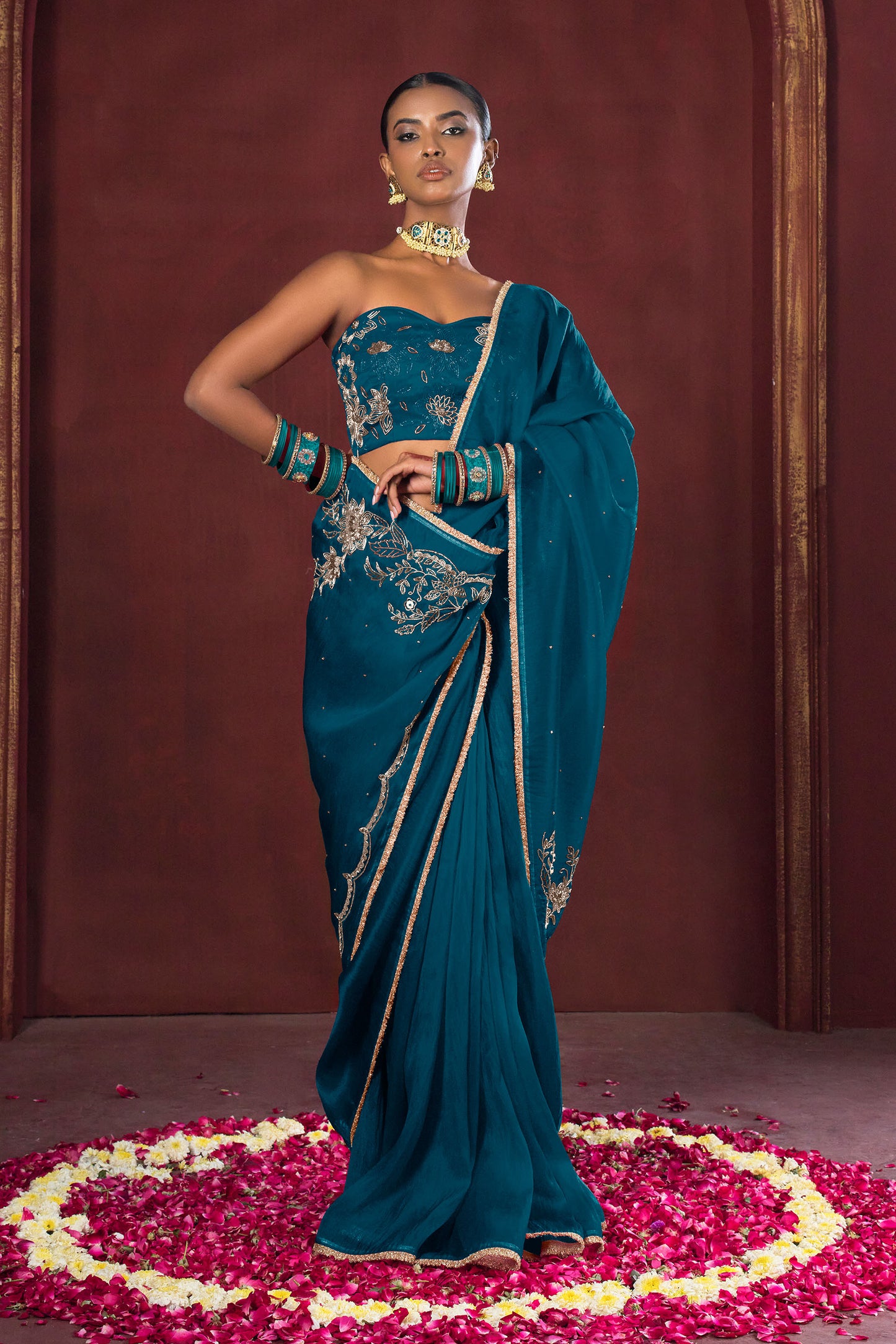 Teal Blue Bloom Satin Silk Organza Saree