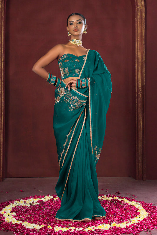 Bottle Green Bloom Satin Silk Organza Saree