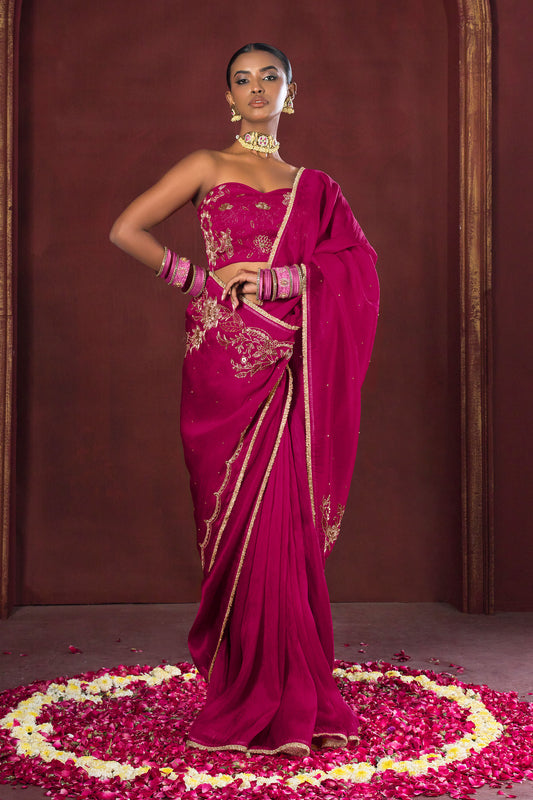 Magenta Bloom Satin Silk Organza Saree