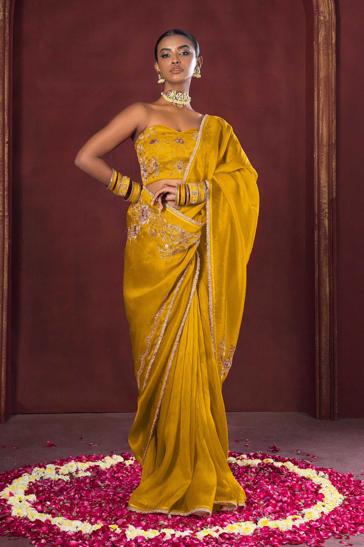 Mustard Bloom Satin Silk Organza Saree