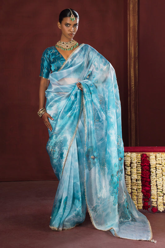 Aqua Blue Bloom Satin Organza Silk Saree