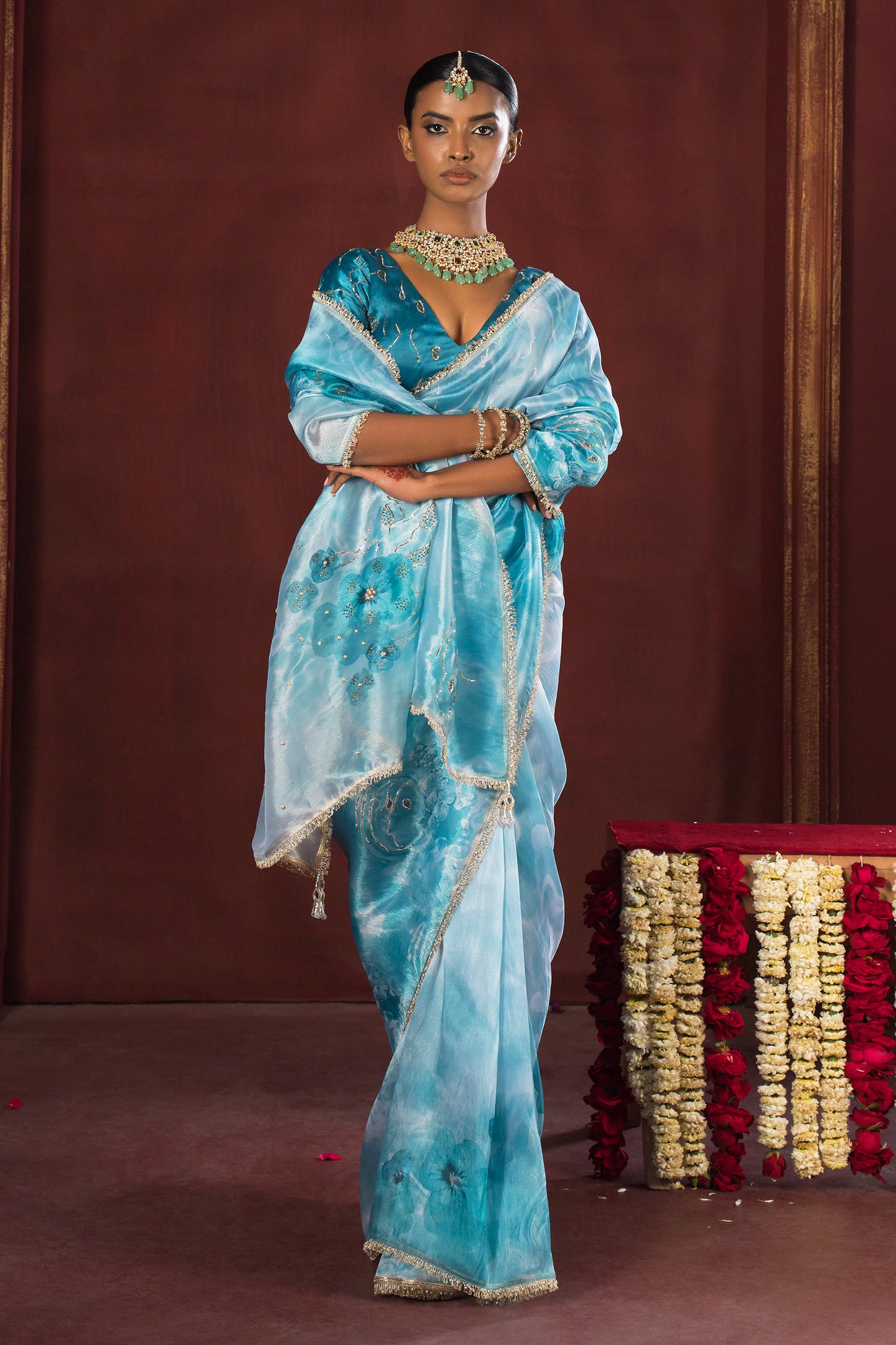 Aqua Blue Bloom Satin Organza Silk Saree