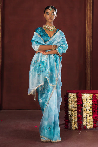 Aqua Blue Bloom Satin Organza Silk Saree