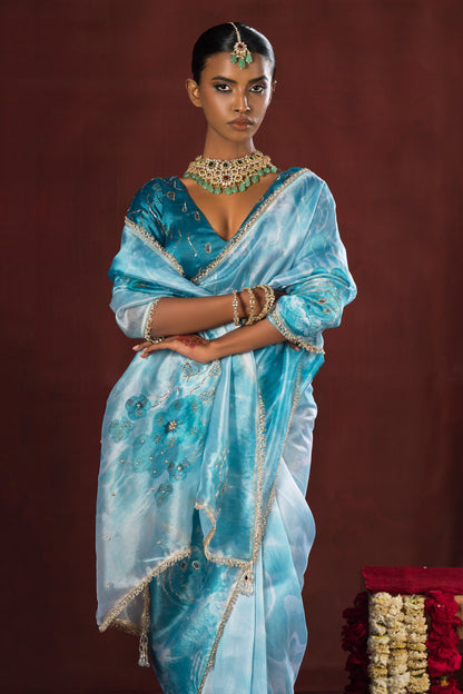Aqua Blue Bloom Satin Organza Silk Saree