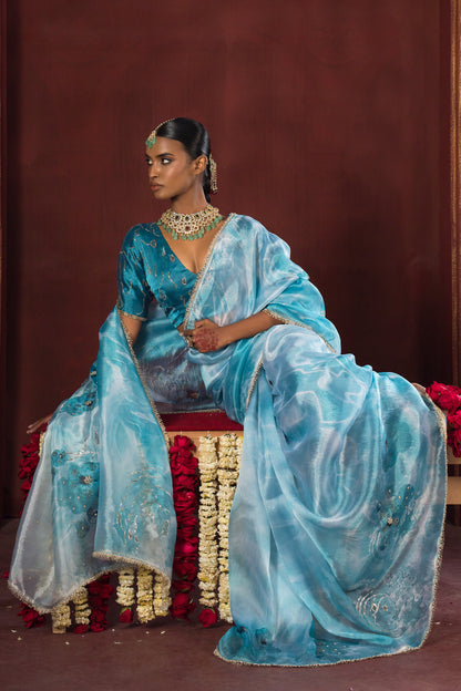 Aqua Blue Bloom Satin Organza Silk Saree