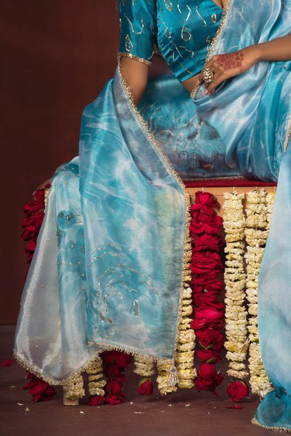 Aqua Blue Bloom Satin Organza Silk Saree