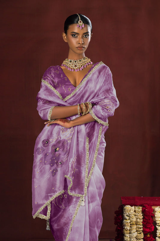 Lavender Bloom Satin Organza Silk Saree